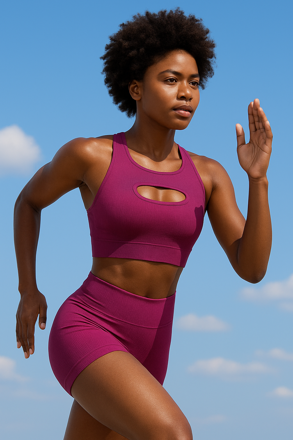 Woman in a pink athletic outfit against a blue sky